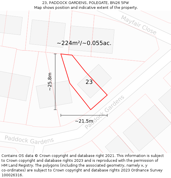 23, PADDOCK GARDENS, POLEGATE, BN26 5PW: Plot and title map