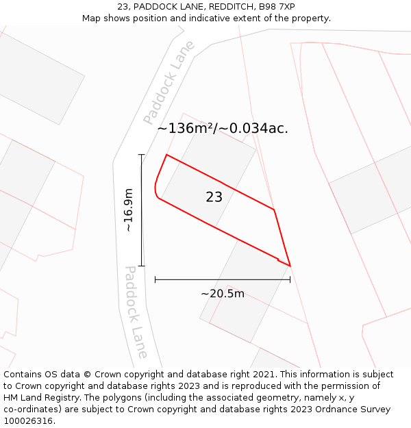 23, PADDOCK LANE, REDDITCH, B98 7XP: Plot and title map