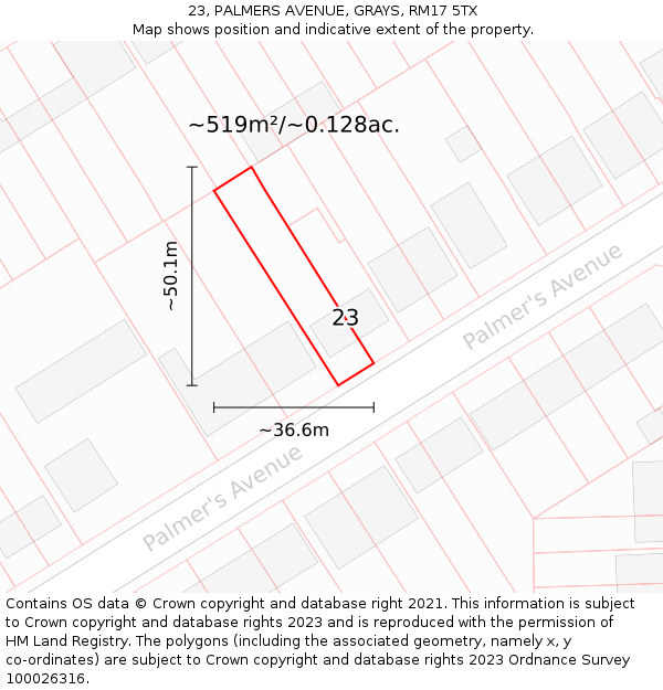 23, PALMERS AVENUE, GRAYS, RM17 5TX: Plot and title map