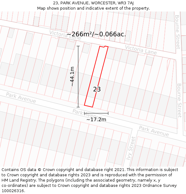 23, PARK AVENUE, WORCESTER, WR3 7AJ: Plot and title map