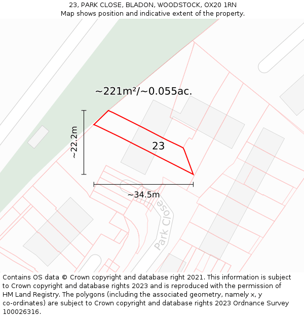 23, PARK CLOSE, BLADON, WOODSTOCK, OX20 1RN: Plot and title map