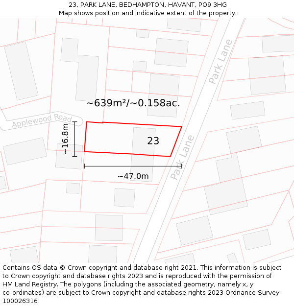 23, PARK LANE, BEDHAMPTON, HAVANT, PO9 3HG: Plot and title map