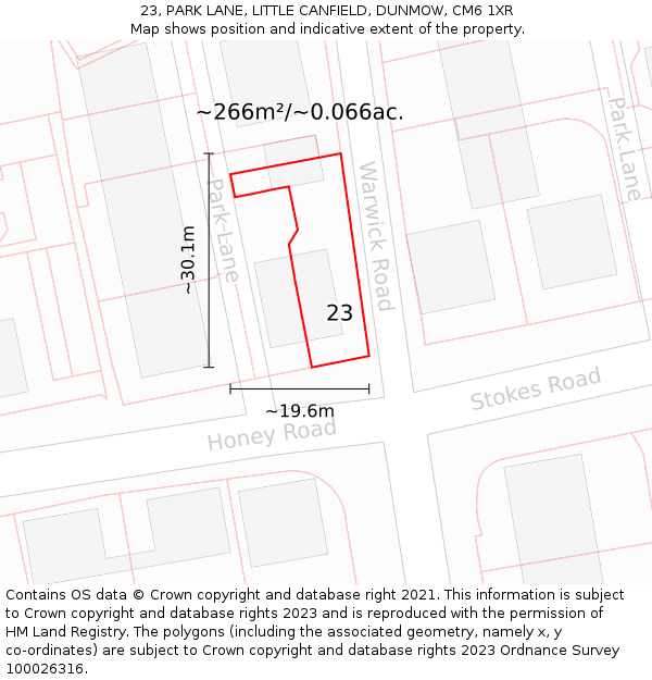 23, PARK LANE, LITTLE CANFIELD, DUNMOW, CM6 1XR: Plot and title map