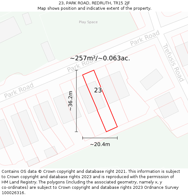 23, PARK ROAD, REDRUTH, TR15 2JF: Plot and title map
