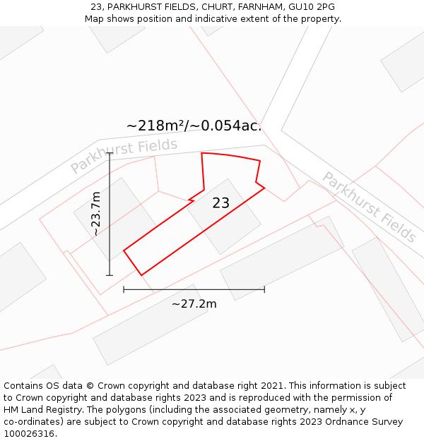23, PARKHURST FIELDS, CHURT, FARNHAM, GU10 2PG: Plot and title map