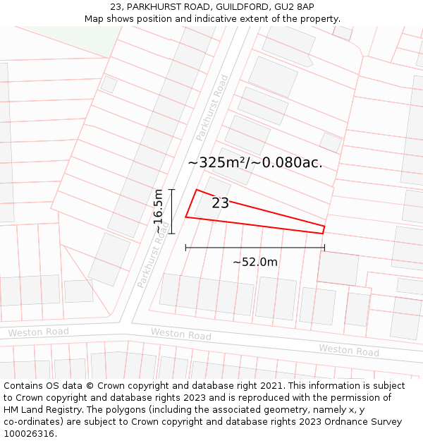 23, PARKHURST ROAD, GUILDFORD, GU2 8AP: Plot and title map