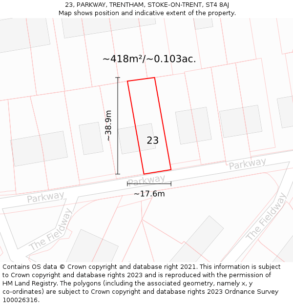 23, PARKWAY, TRENTHAM, STOKE-ON-TRENT, ST4 8AJ: Plot and title map