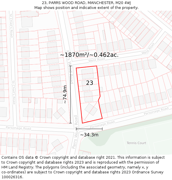23, PARRS WOOD ROAD, MANCHESTER, M20 4WJ: Plot and title map
