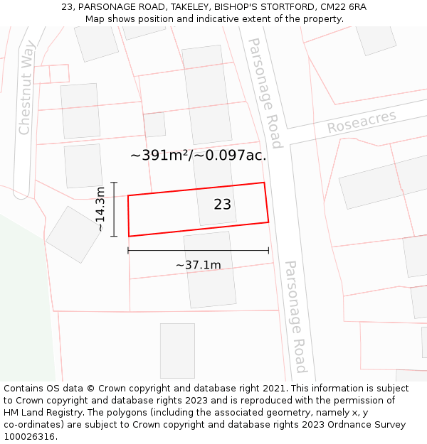 23, PARSONAGE ROAD, TAKELEY, BISHOP'S STORTFORD, CM22 6RA: Plot and title map