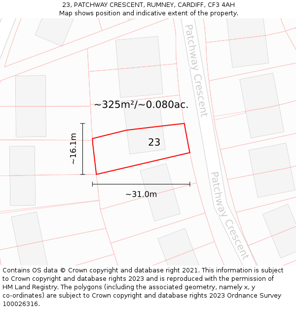 23, PATCHWAY CRESCENT, RUMNEY, CARDIFF, CF3 4AH: Plot and title map