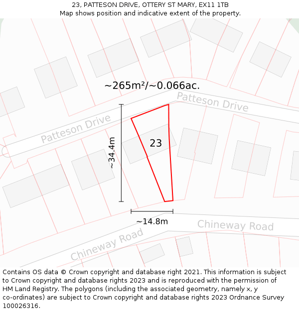23, PATTESON DRIVE, OTTERY ST MARY, EX11 1TB: Plot and title map