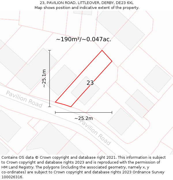 23, PAVILION ROAD, LITTLEOVER, DERBY, DE23 6XL: Plot and title map