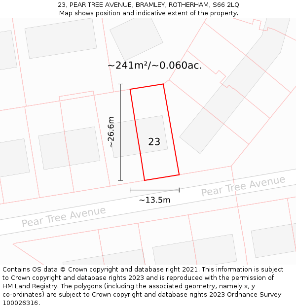 23, PEAR TREE AVENUE, BRAMLEY, ROTHERHAM, S66 2LQ: Plot and title map