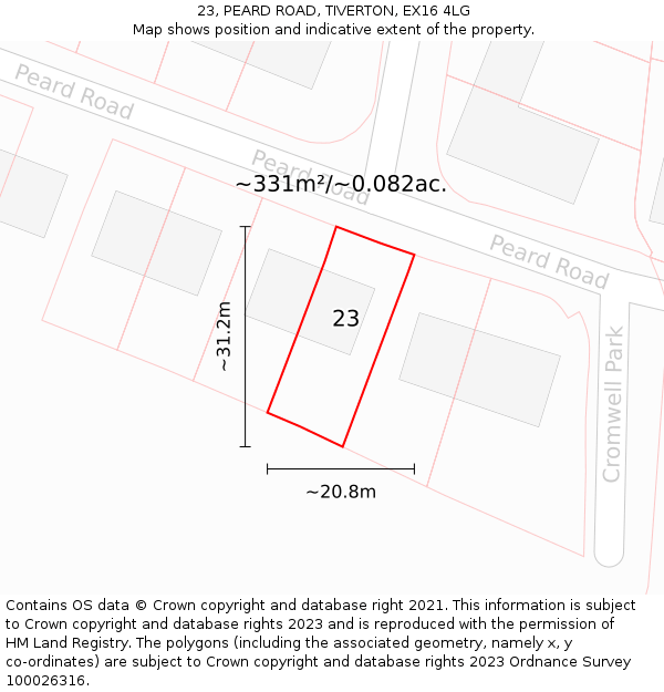 23, PEARD ROAD, TIVERTON, EX16 4LG: Plot and title map