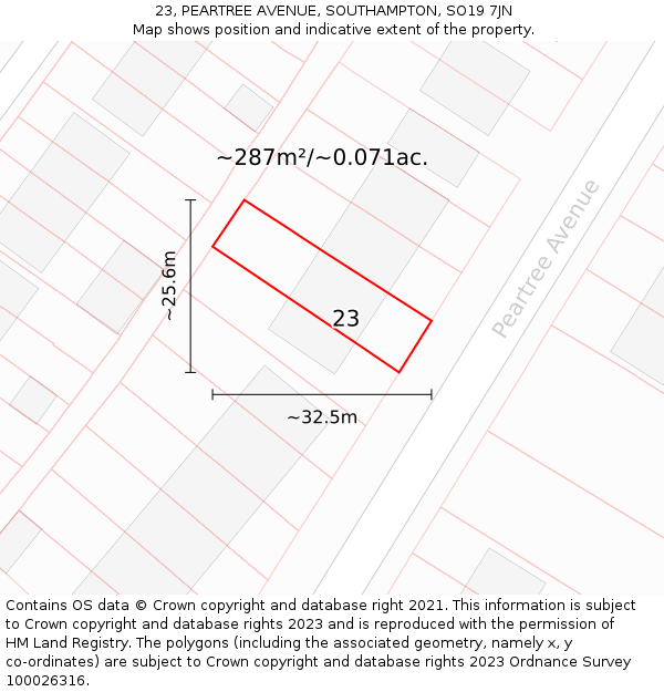23, PEARTREE AVENUE, SOUTHAMPTON, SO19 7JN: Plot and title map