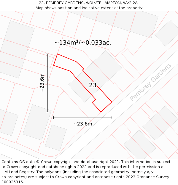 23, PEMBREY GARDENS, WOLVERHAMPTON, WV2 2AL: Plot and title map