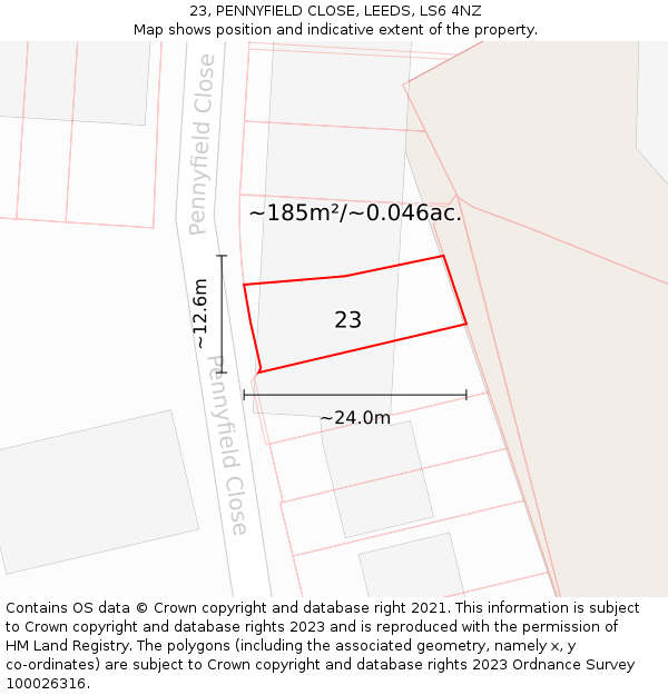 23, PENNYFIELD CLOSE, LEEDS, LS6 4NZ: Plot and title map