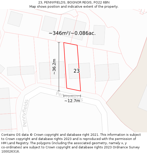 23, PENNYFIELDS, BOGNOR REGIS, PO22 6BN: Plot and title map