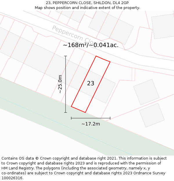 23, PEPPERCORN CLOSE, SHILDON, DL4 2GP: Plot and title map