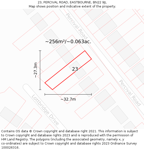 23, PERCIVAL ROAD, EASTBOURNE, BN22 9JL: Plot and title map