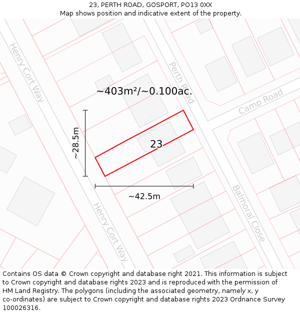 23, PERTH ROAD, GOSPORT, PO13 0XX: Plot and title map