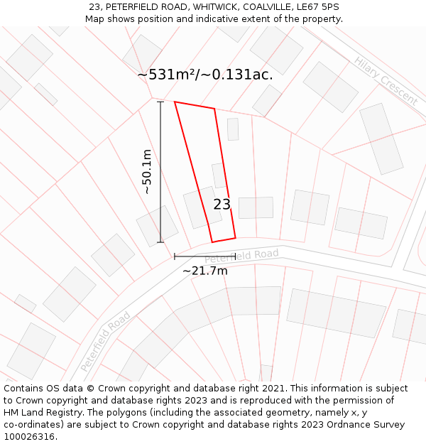 23, PETERFIELD ROAD, WHITWICK, COALVILLE, LE67 5PS: Plot and title map