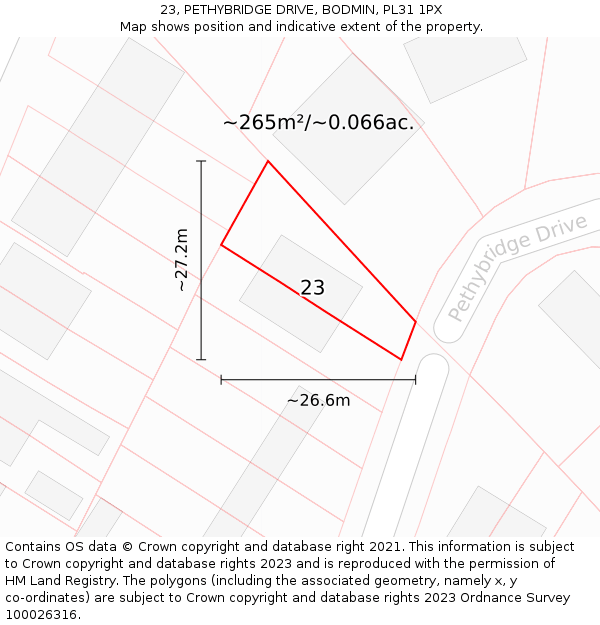 23, PETHYBRIDGE DRIVE, BODMIN, PL31 1PX: Plot and title map
