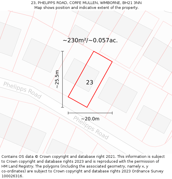 23, PHELIPPS ROAD, CORFE MULLEN, WIMBORNE, BH21 3NN: Plot and title map