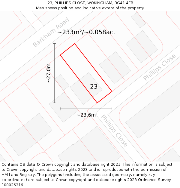 23, PHILLIPS CLOSE, WOKINGHAM, RG41 4ER: Plot and title map