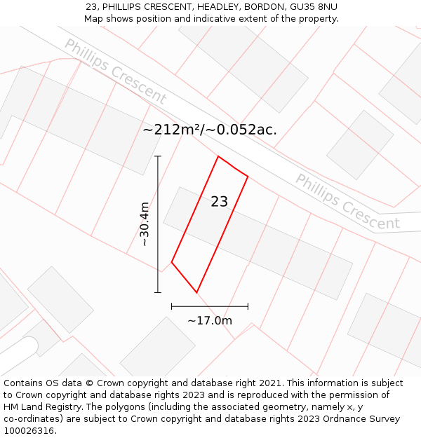 23, PHILLIPS CRESCENT, HEADLEY, BORDON, GU35 8NU: Plot and title map