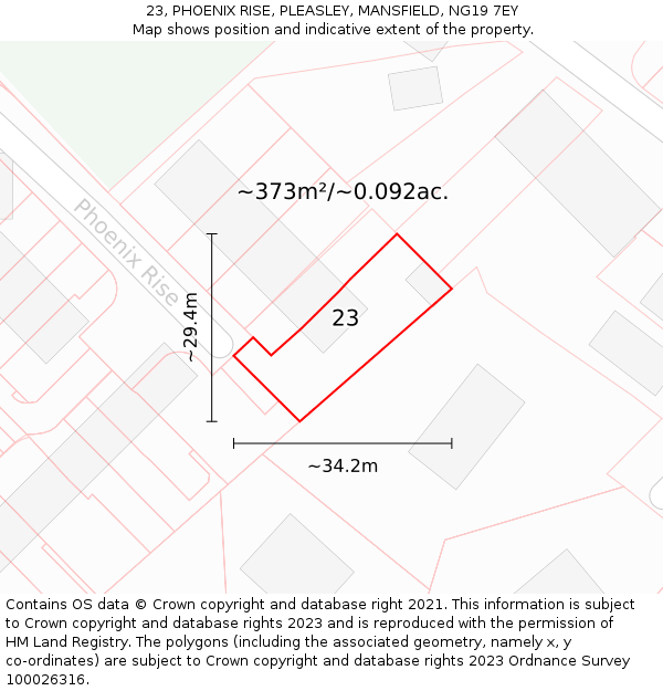 23, PHOENIX RISE, PLEASLEY, MANSFIELD, NG19 7EY: Plot and title map