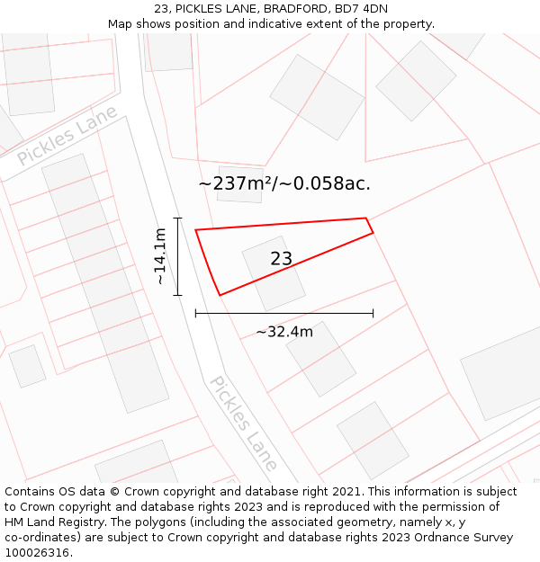 23, PICKLES LANE, BRADFORD, BD7 4DN: Plot and title map