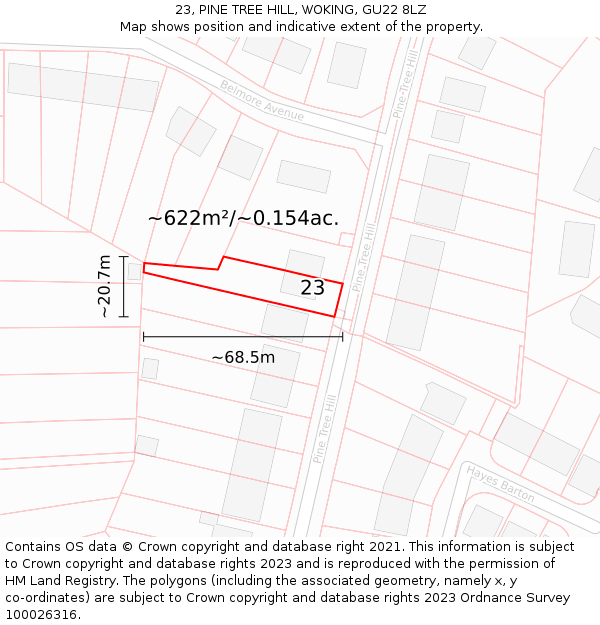 23, PINE TREE HILL, WOKING, GU22 8LZ: Plot and title map