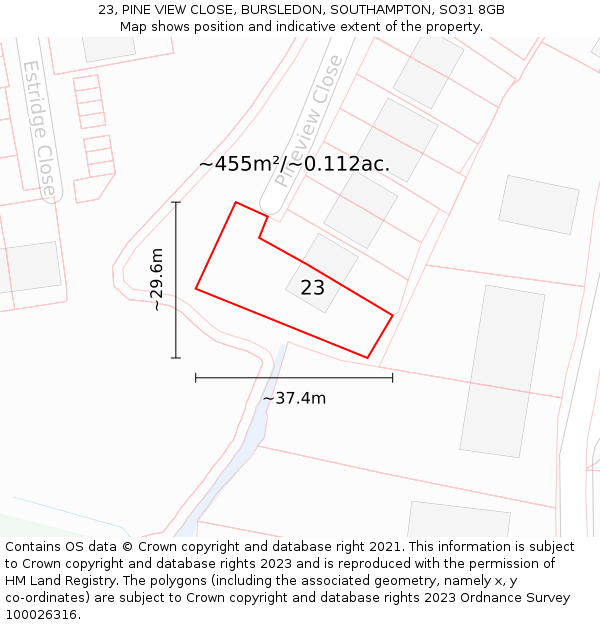23, PINE VIEW CLOSE, BURSLEDON, SOUTHAMPTON, SO31 8GB: Plot and title map