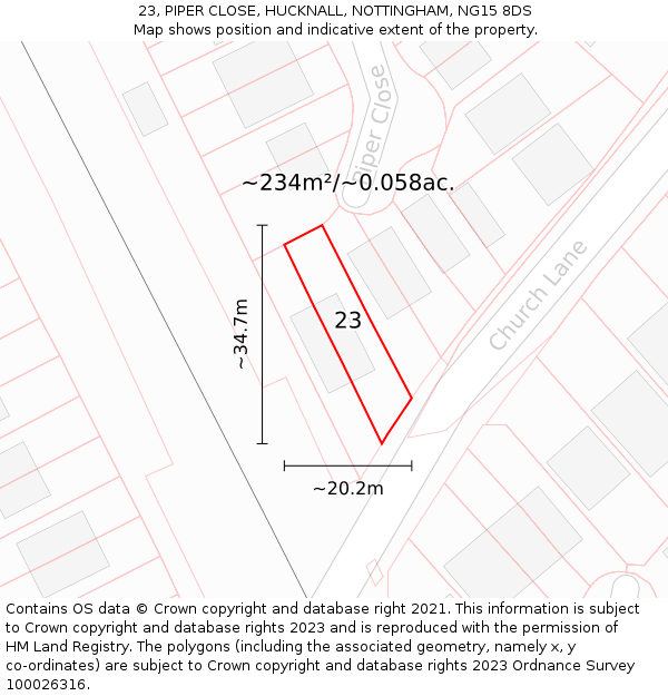 23, PIPER CLOSE, HUCKNALL, NOTTINGHAM, NG15 8DS: Plot and title map