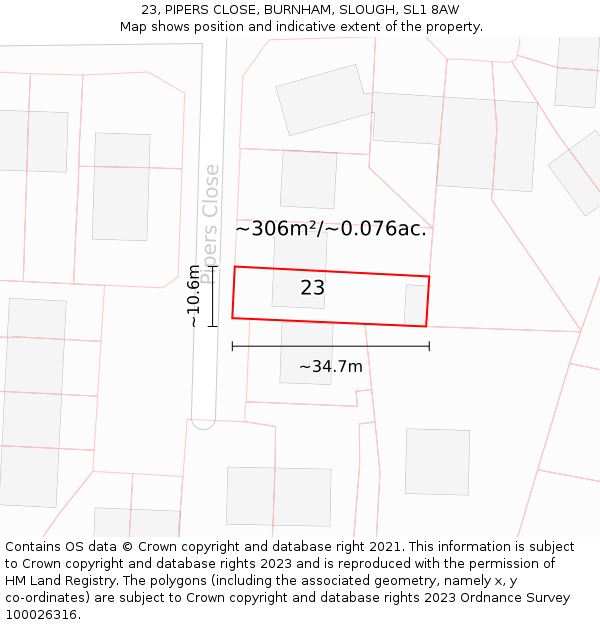 23, PIPERS CLOSE, BURNHAM, SLOUGH, SL1 8AW: Plot and title map