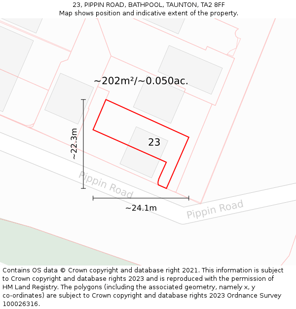 23, PIPPIN ROAD, BATHPOOL, TAUNTON, TA2 8FF: Plot and title map