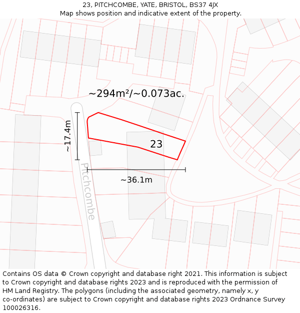 23, PITCHCOMBE, YATE, BRISTOL, BS37 4JX: Plot and title map