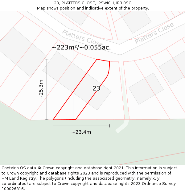 23, PLATTERS CLOSE, IPSWICH, IP3 0SG: Plot and title map
