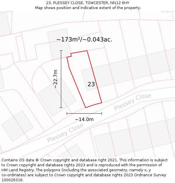 23, PLESSEY CLOSE, TOWCESTER, NN12 6HY: Plot and title map