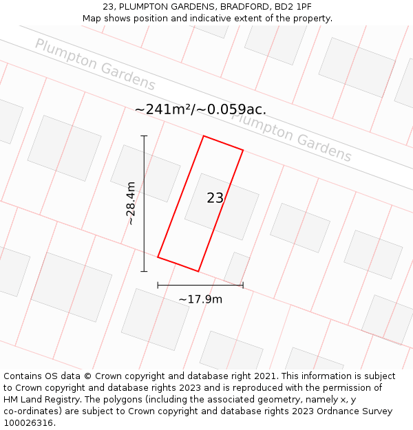 23, PLUMPTON GARDENS, BRADFORD, BD2 1PF: Plot and title map