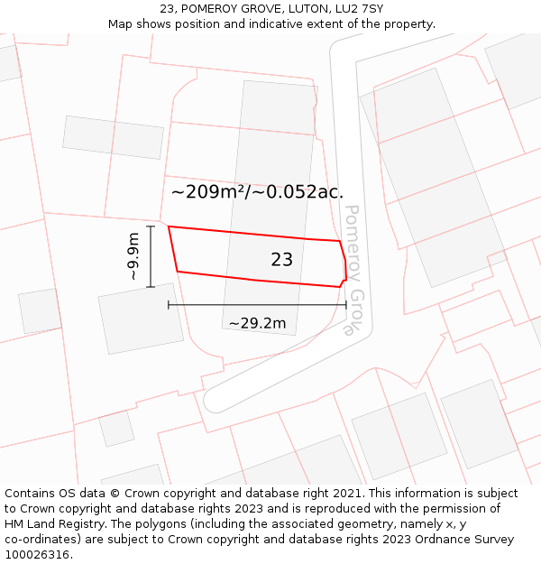 23, POMEROY GROVE, LUTON, LU2 7SY: Plot and title map
