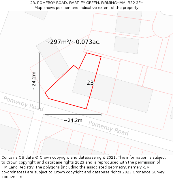 23, POMEROY ROAD, BARTLEY GREEN, BIRMINGHAM, B32 3EH: Plot and title map