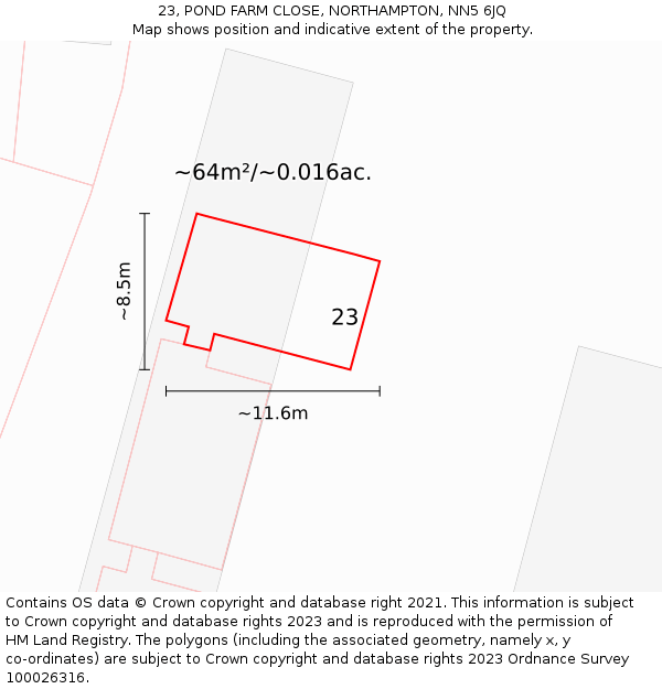 23, POND FARM CLOSE, NORTHAMPTON, NN5 6JQ: Plot and title map