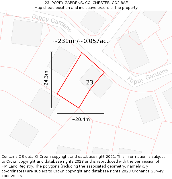 23, POPPY GARDENS, COLCHESTER, CO2 8AE: Plot and title map