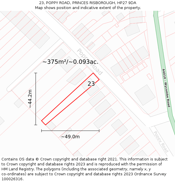 23, POPPY ROAD, PRINCES RISBOROUGH, HP27 9DA: Plot and title map