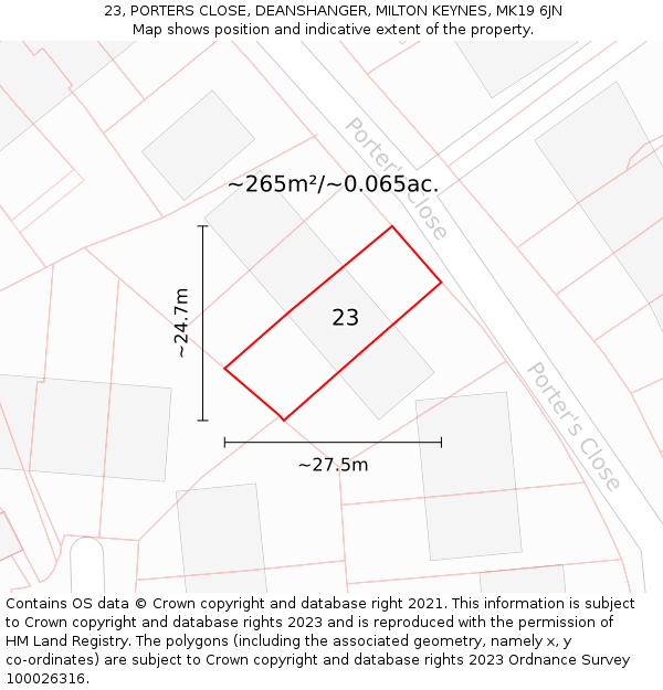 23, PORTERS CLOSE, DEANSHANGER, MILTON KEYNES, MK19 6JN: Plot and title map