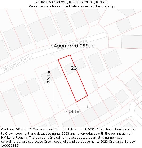 23, PORTMAN CLOSE, PETERBOROUGH, PE3 9RJ: Plot and title map