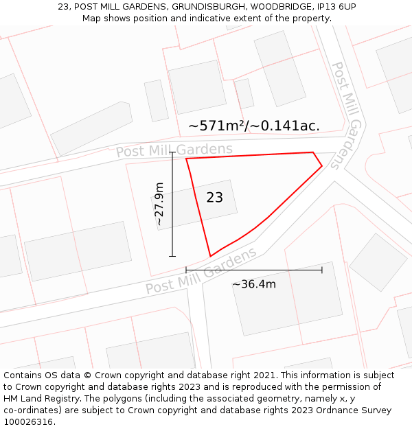 23, POST MILL GARDENS, GRUNDISBURGH, WOODBRIDGE, IP13 6UP: Plot and title map