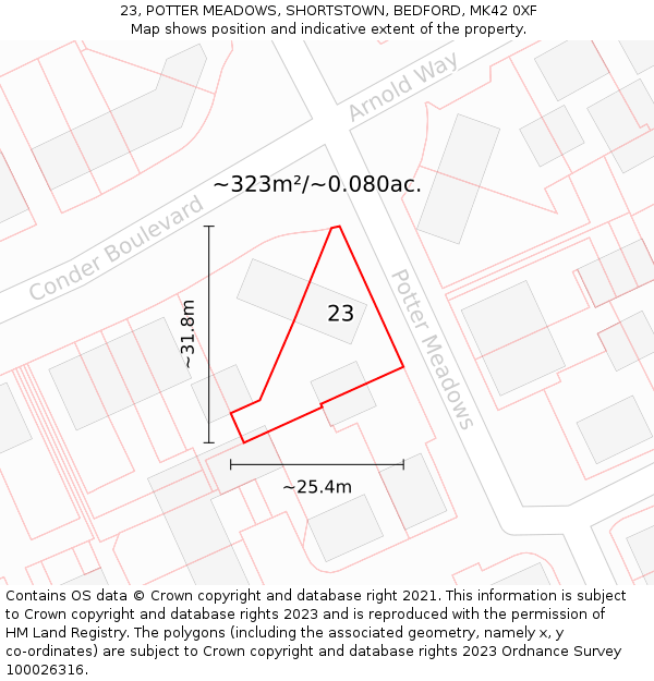 23, POTTER MEADOWS, SHORTSTOWN, BEDFORD, MK42 0XF: Plot and title map
